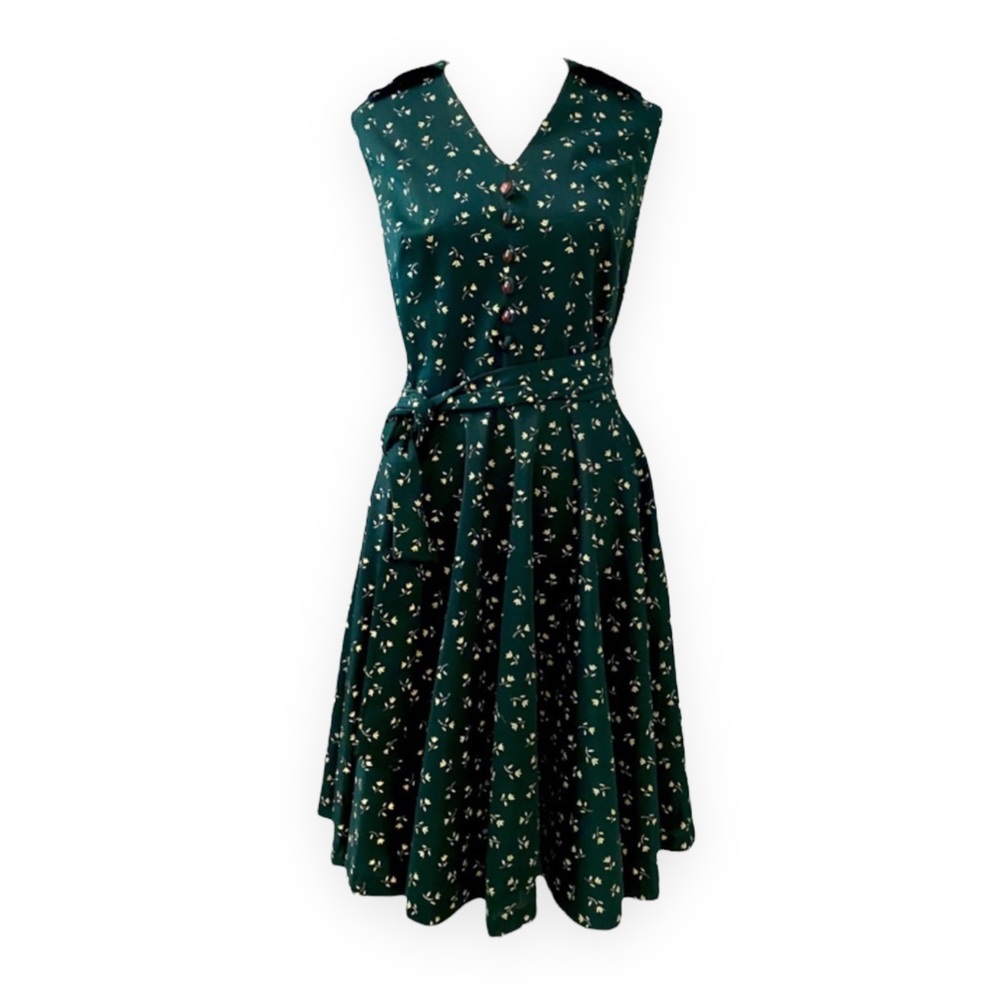 Vintage 60s / 70s Pinup Green Floral Button Dress - size women's 16 - medium - Picture 2 of 11